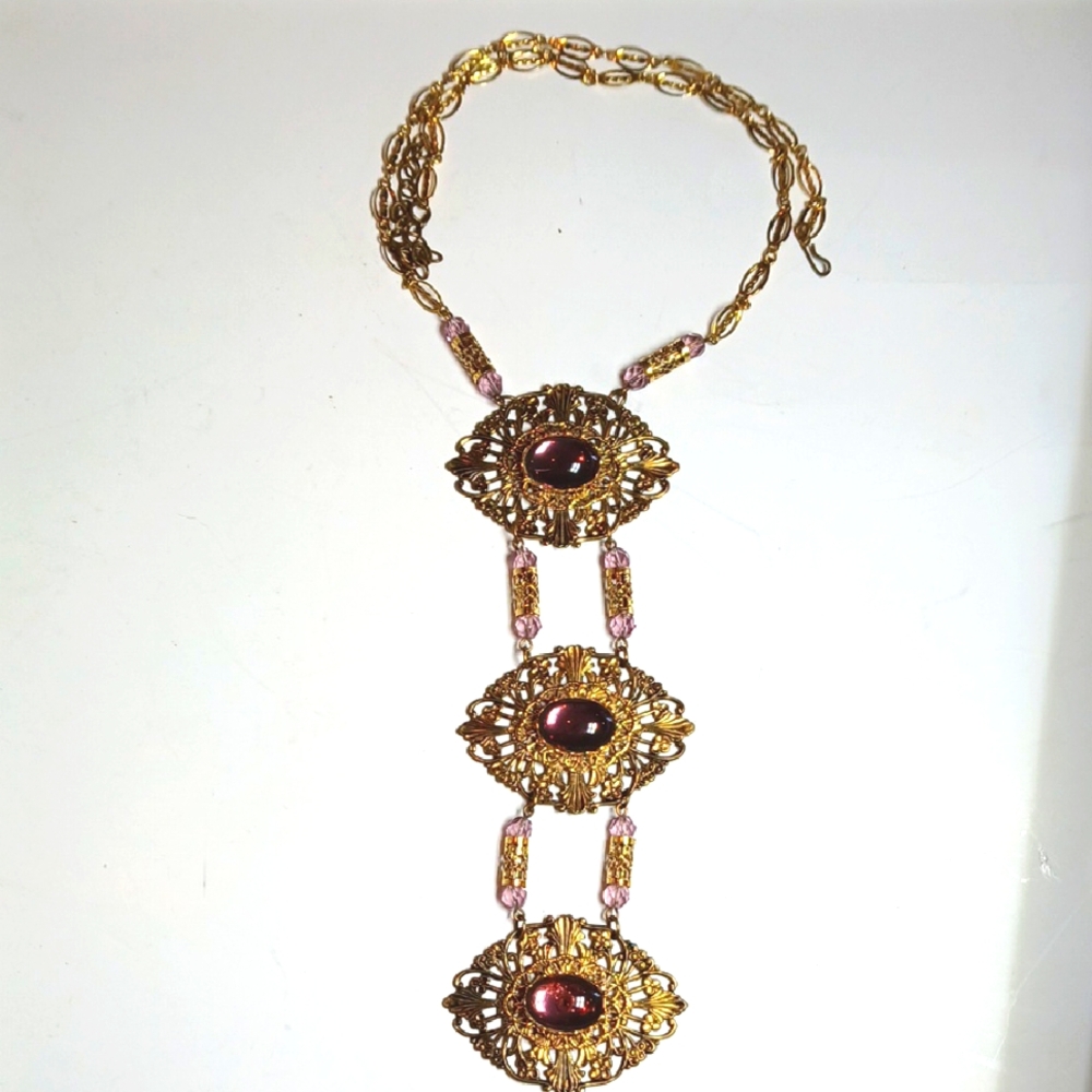 ✨ Vintage Brass Filigree Purple Glass Cabochon Dangle Statement Necklace